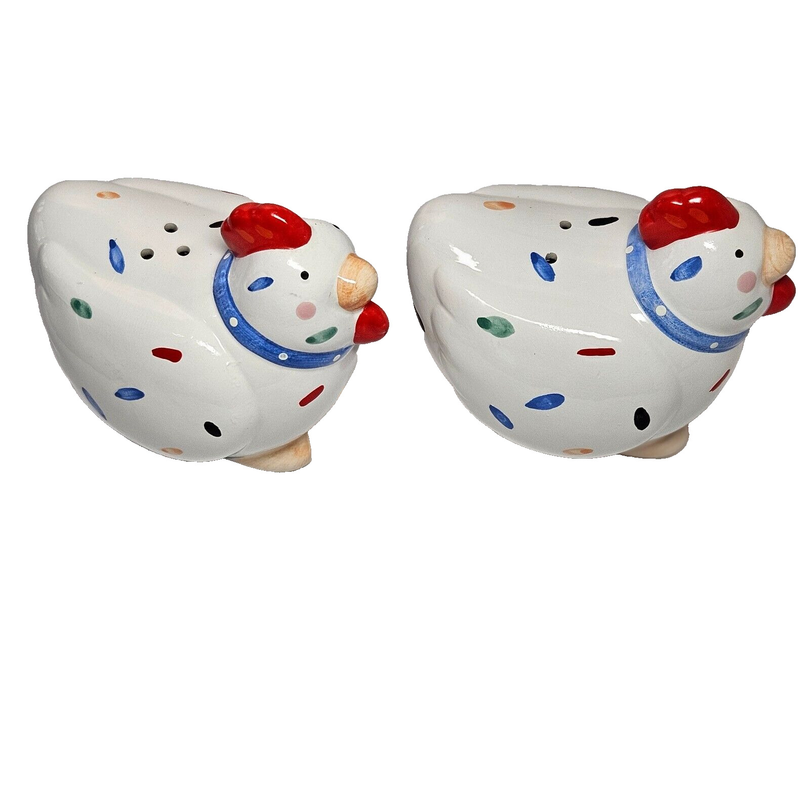 Coco Dowley CHICKEN Salt & Pepper Shakers  with Blue Bow on Neck