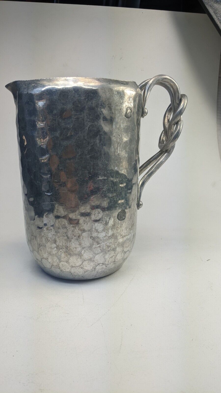 Vintage World Hand Forged Hammered Aluminum Ice Water Pitcher w/ Knotted Handle