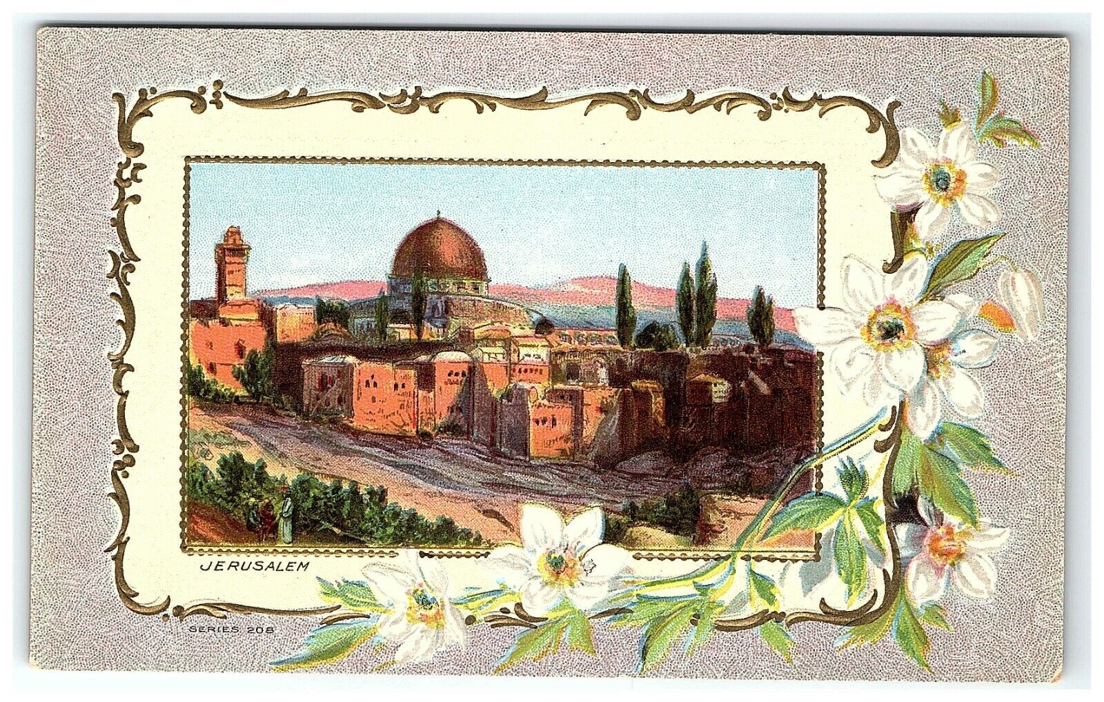1907-15 Jerusalem Postcard Israel Vtg A m p Embossed Floral 