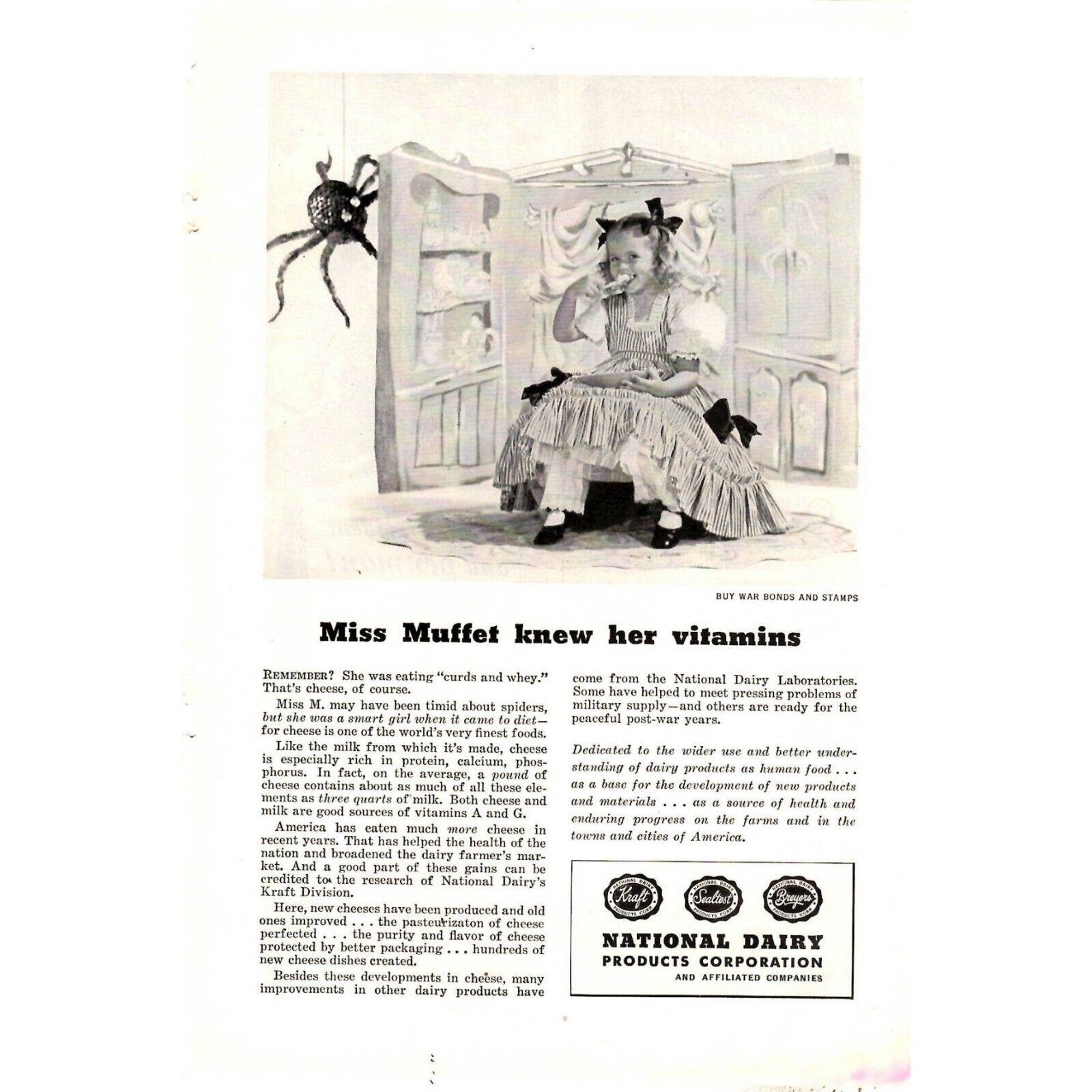 1945 National Dairy Products Corp Print Ad WWII Miss Muffet Knew her Vitamins