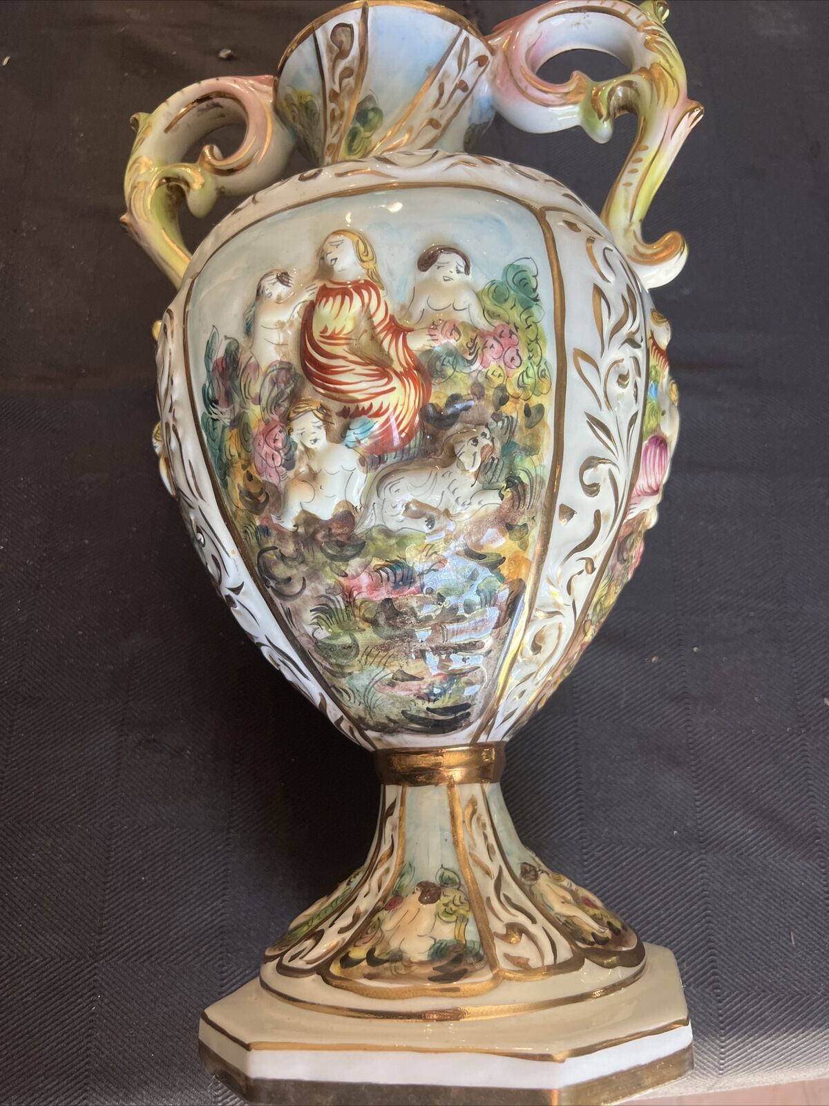 18” Large Antique Vase/planter Capodimonte Italy Hand Painted Porcelain Figural