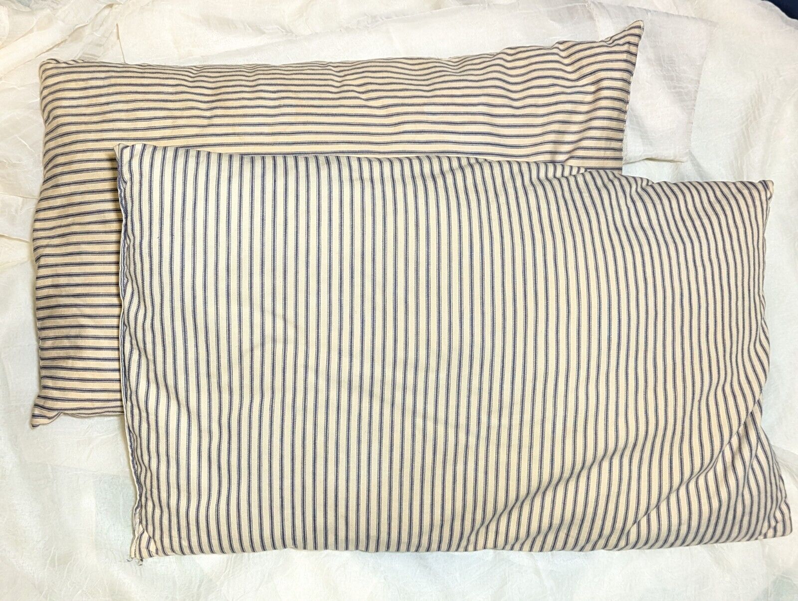 Vtg Primitive Antique Feather Down Bed Pillow Chambray blue Striped Ticking Farm