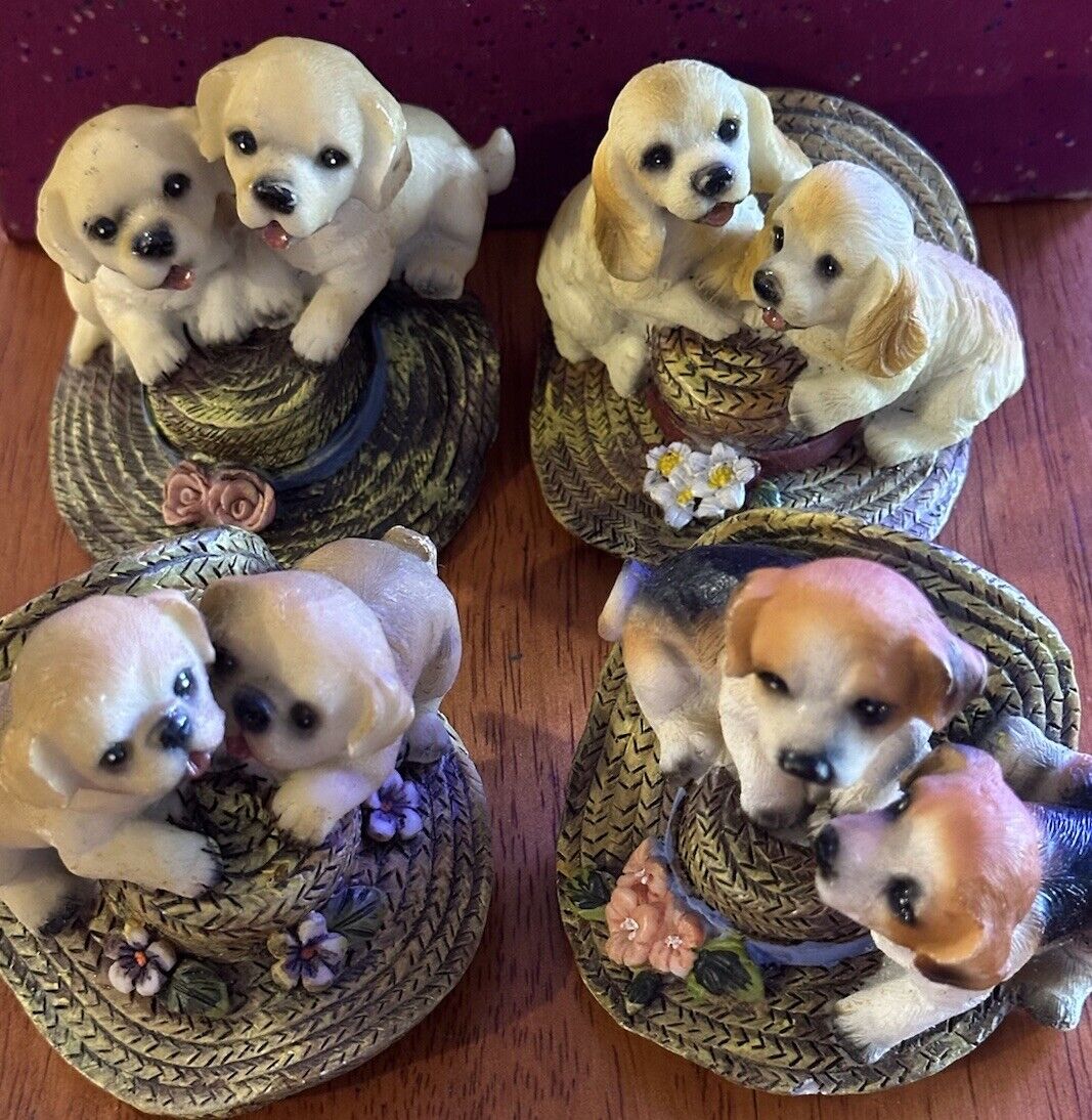 Vintage Four Resin Hats With The Cutest Puppies