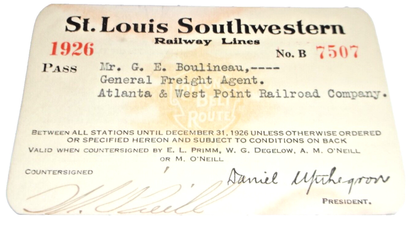 1926 ST. LOUIS SOUTHWESTERN RAILWAY COTTON BELT SSW EMPLOYEE PASS #7507