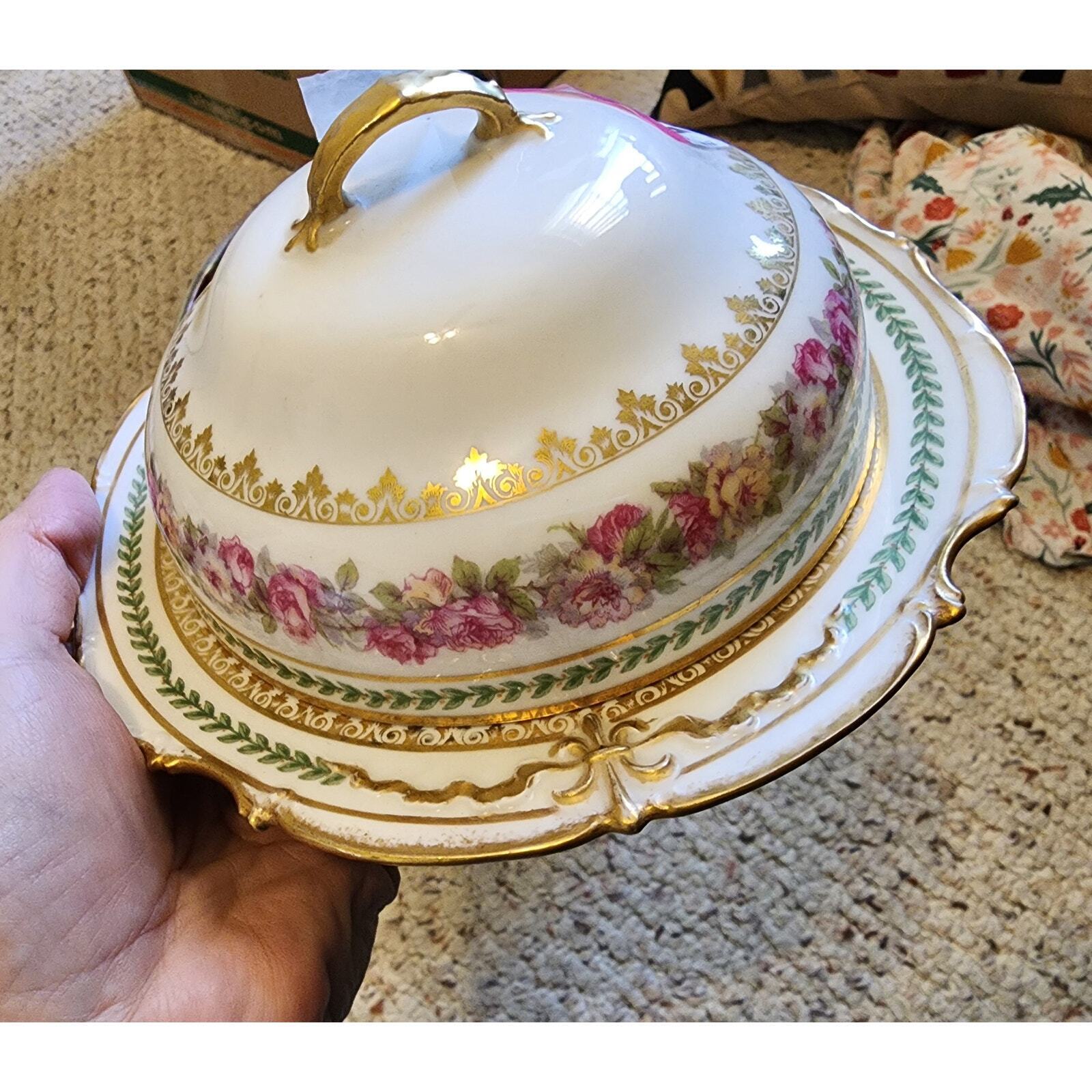 CH Haviland LIMOGES Antique Covered Butter Dish with Plates Pink Roses Gold