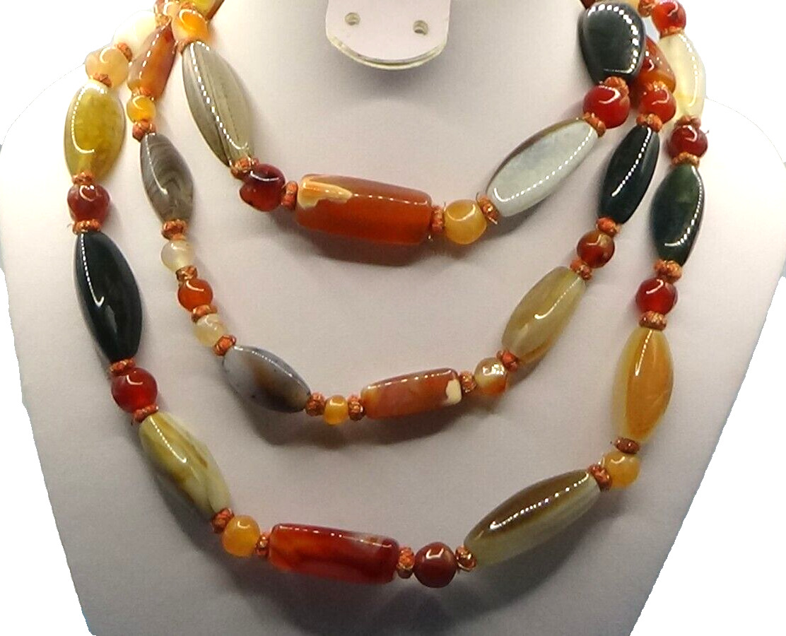 Vintage Beggar Beads Necklace Semi Precious Stone, Agate, Jasper, Jade, & More