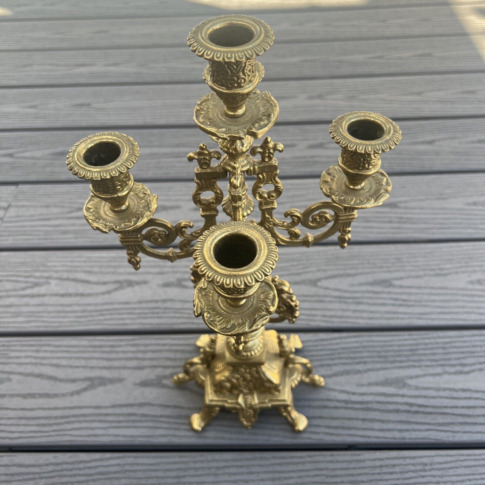Vintage Baroque Style Brass Brevetto Candelabra That Holds 5 Total Candles 16.5