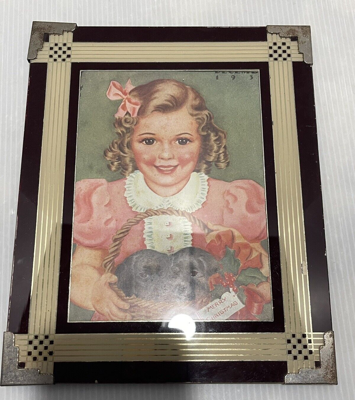 Antique Art Deco Reverse Painted Glass Picture Frame with christmas print