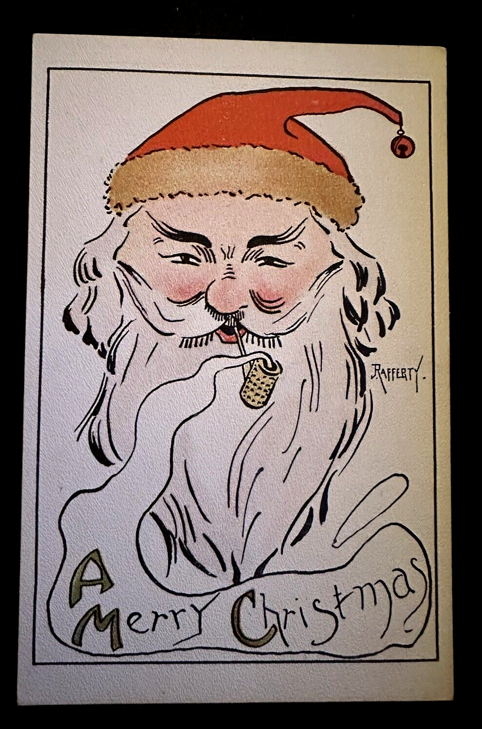 Art Deco~Red Hat Santa Claus with Pipe~A/s Rafferty ~Christmas Postcard~k476
