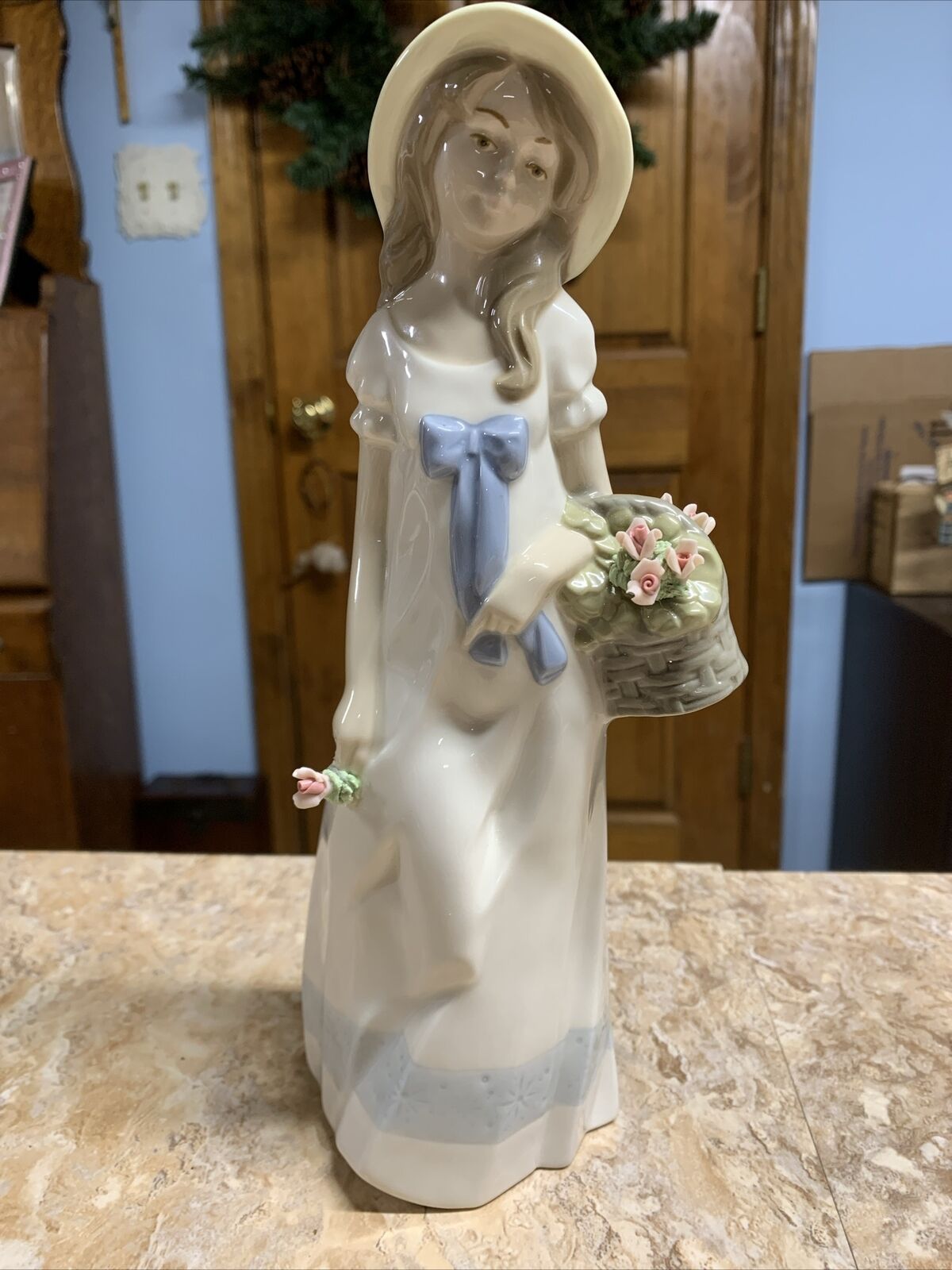 Beautiful Nadal Figurine Porcelain Girl With Basket Of Flowers