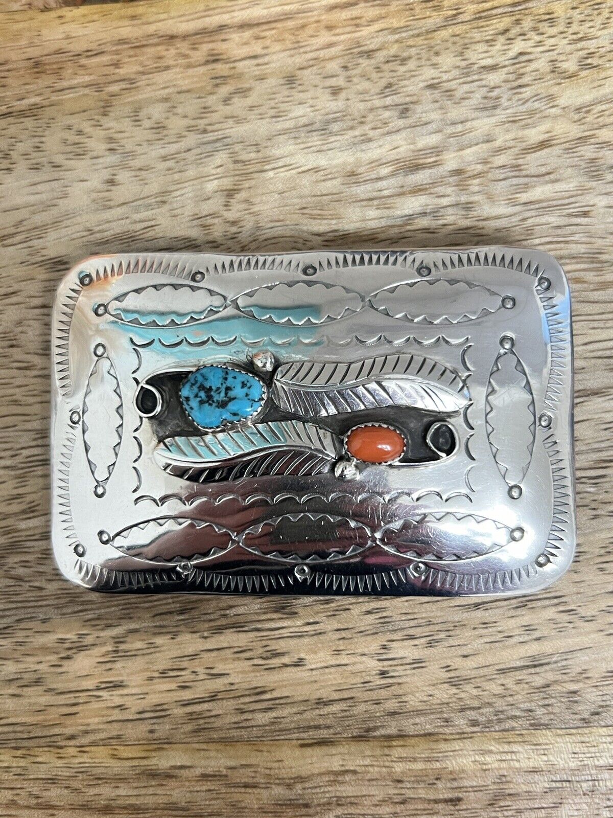 Sterling Silver Native American Concho Turquoise Coral Belt Buckle Not Signed