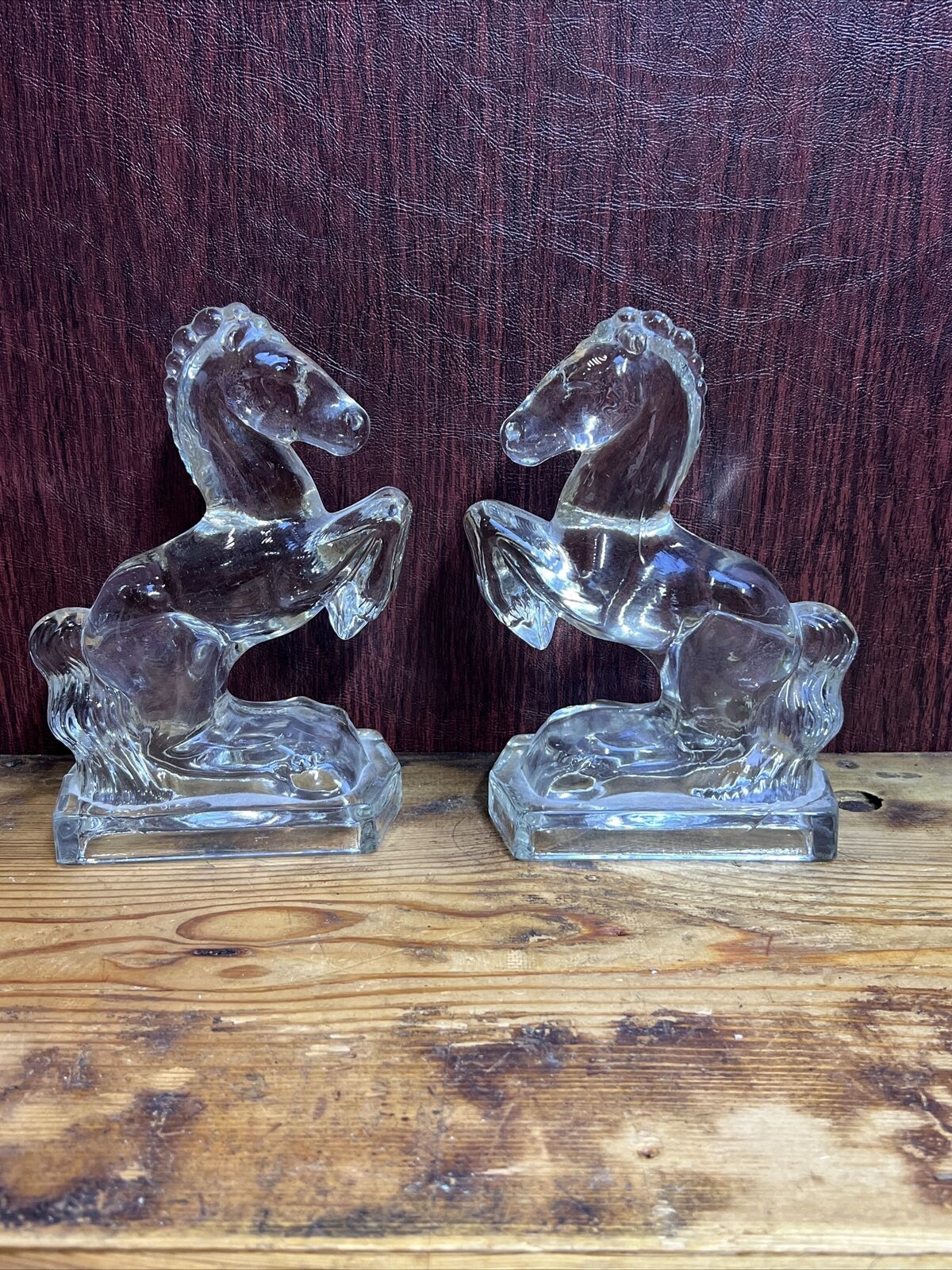 Vintage Clear Heavy Glass Horse Bookends L.E. Smith?