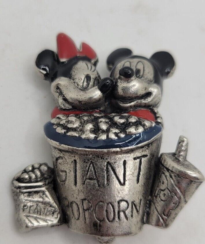 Vtg Disney Minnie Mouse & Mickey Mouse Giant Popcorn Pin Brooch Pewter Enamel