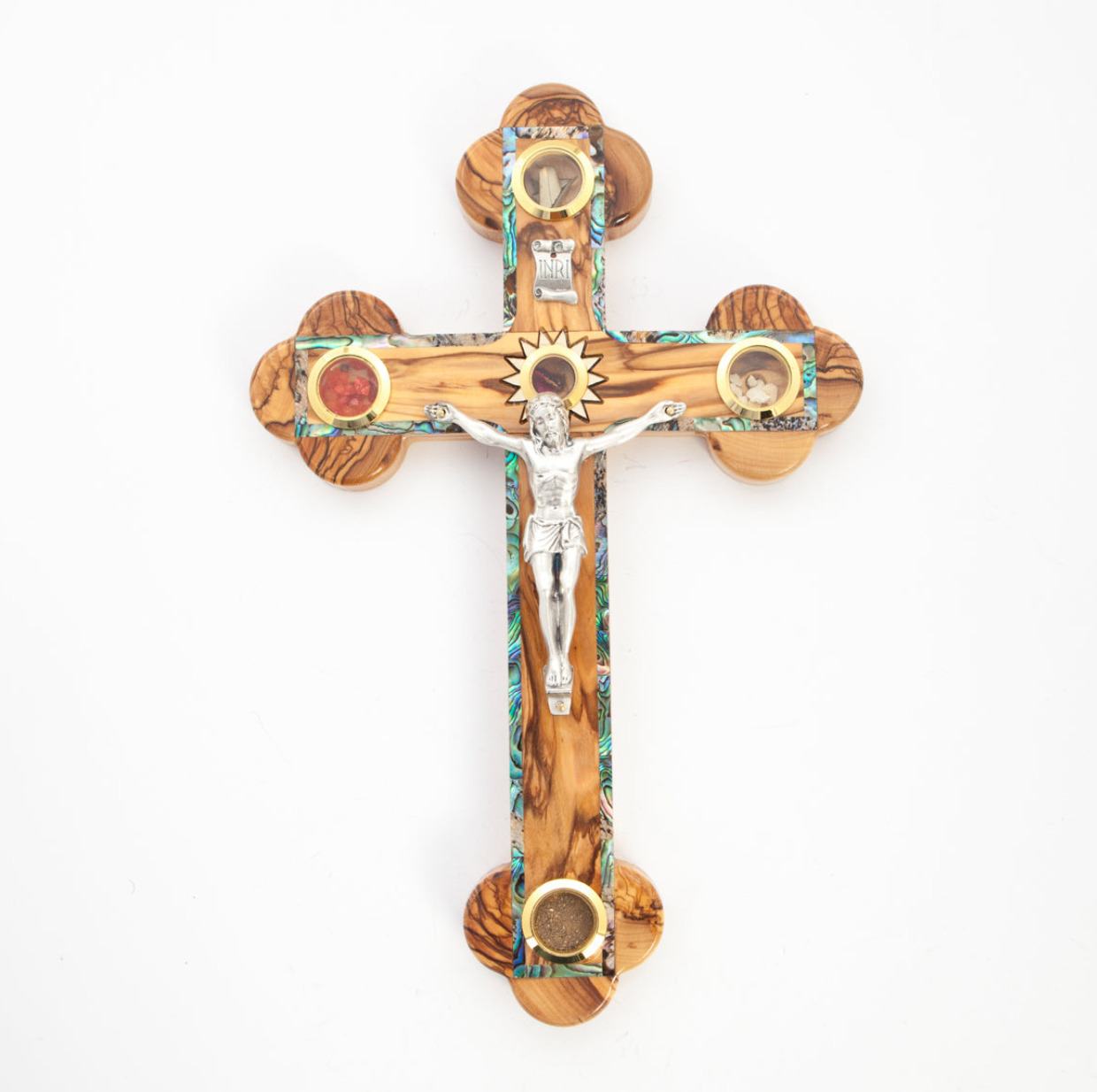 Wooden Crucifix with 5 Holy Land Essences and Mother of Pearl, 15.4\