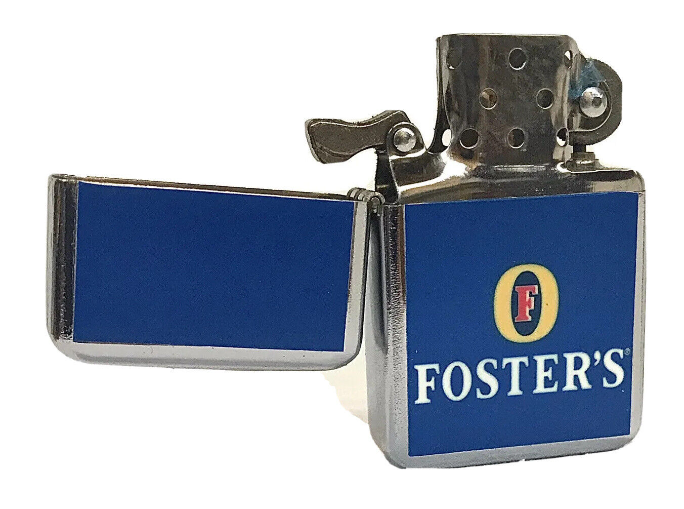 Foster’s Lager Beer Flip Top Chrome Oil Lighter Wind Resistant Flame