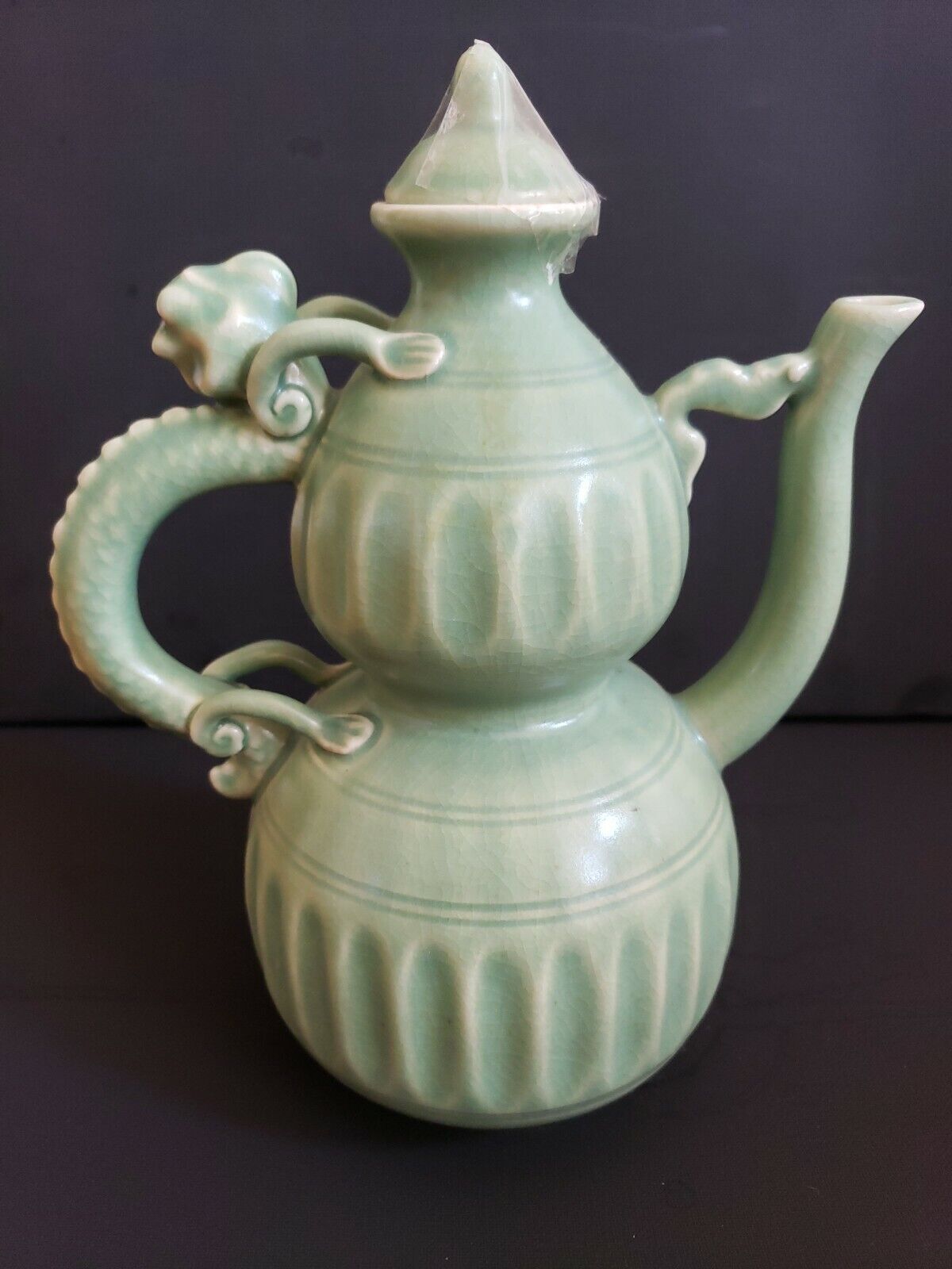 Vintage Chinese Celadon Chilong Dragon Double Gourd Wine Flask Pot w Cover