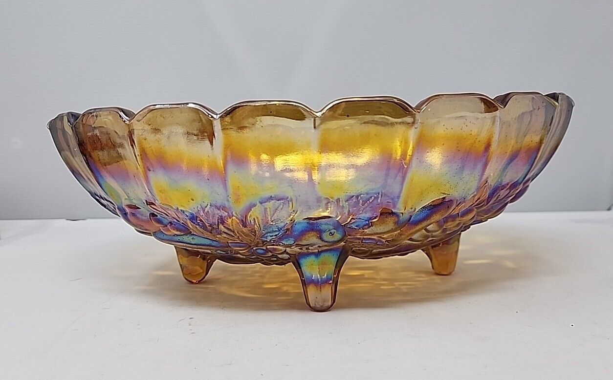 Vtg Carnival Iridescent Marigold Glass Oval Footed Fruit Bowl 12\