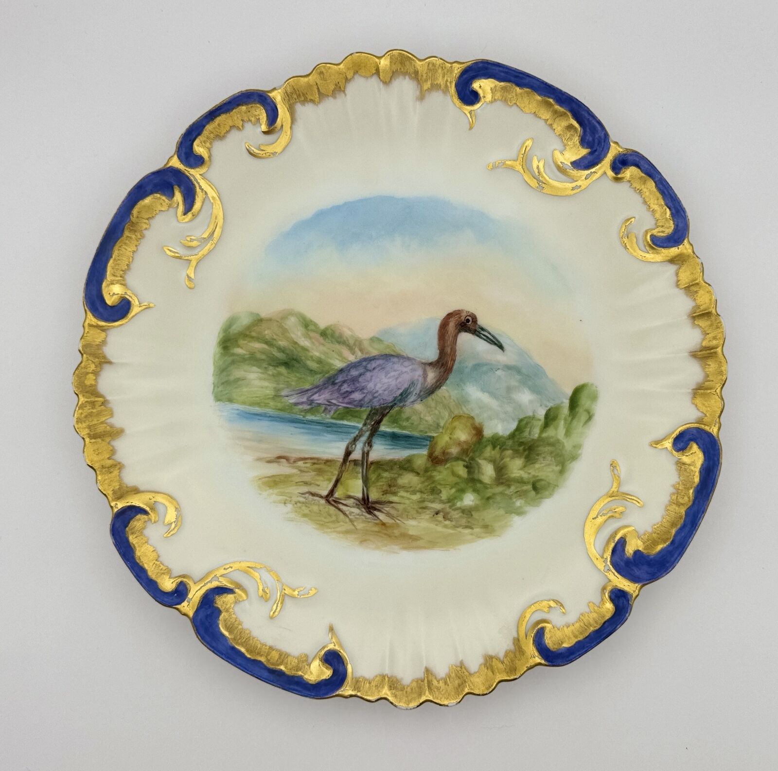 Rare Limoges Hand-Painted Plate with Blue Heron