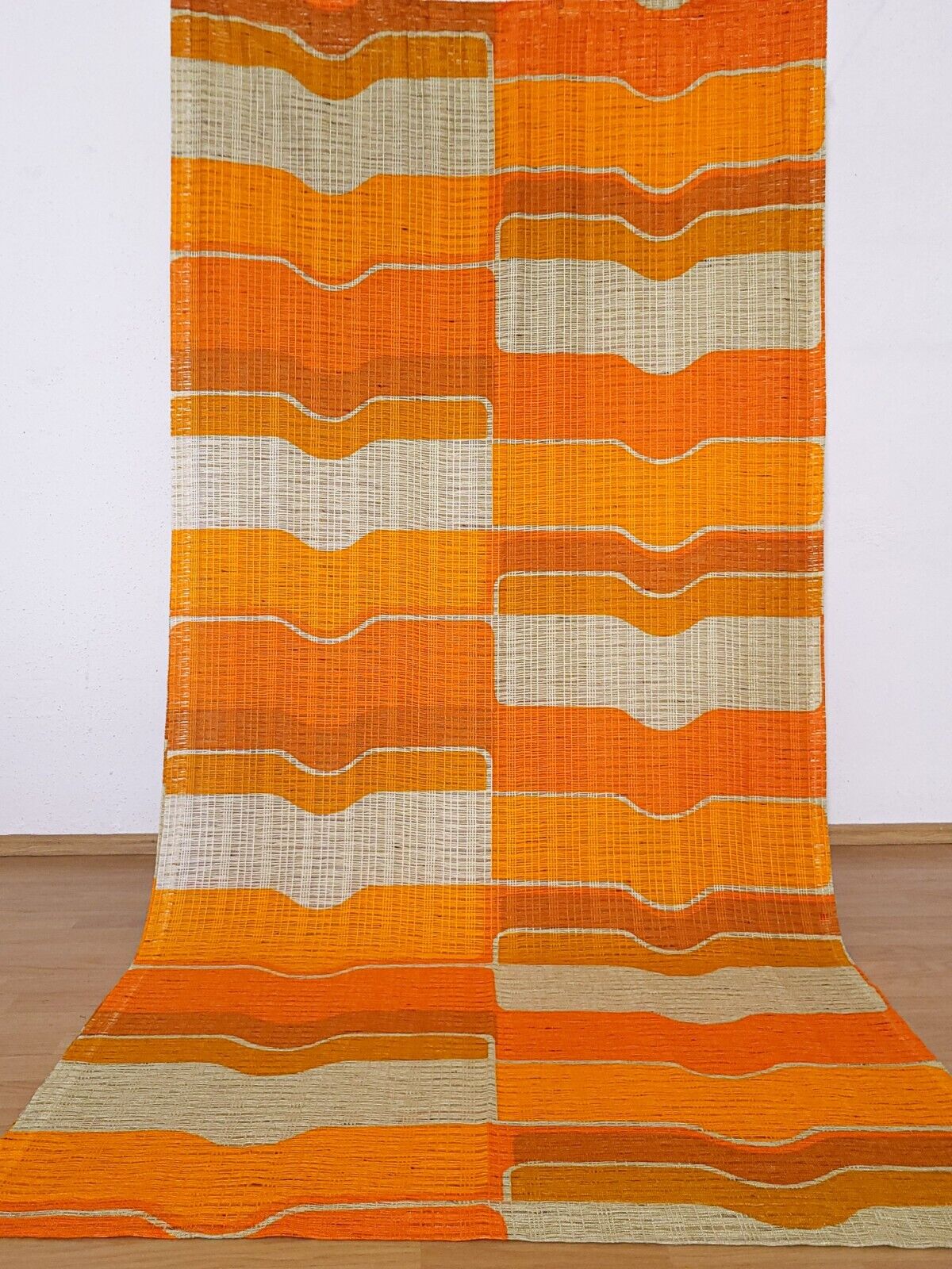2 vintage net knit fabric curtains orange mustard 70s Mid-Century 94.4\