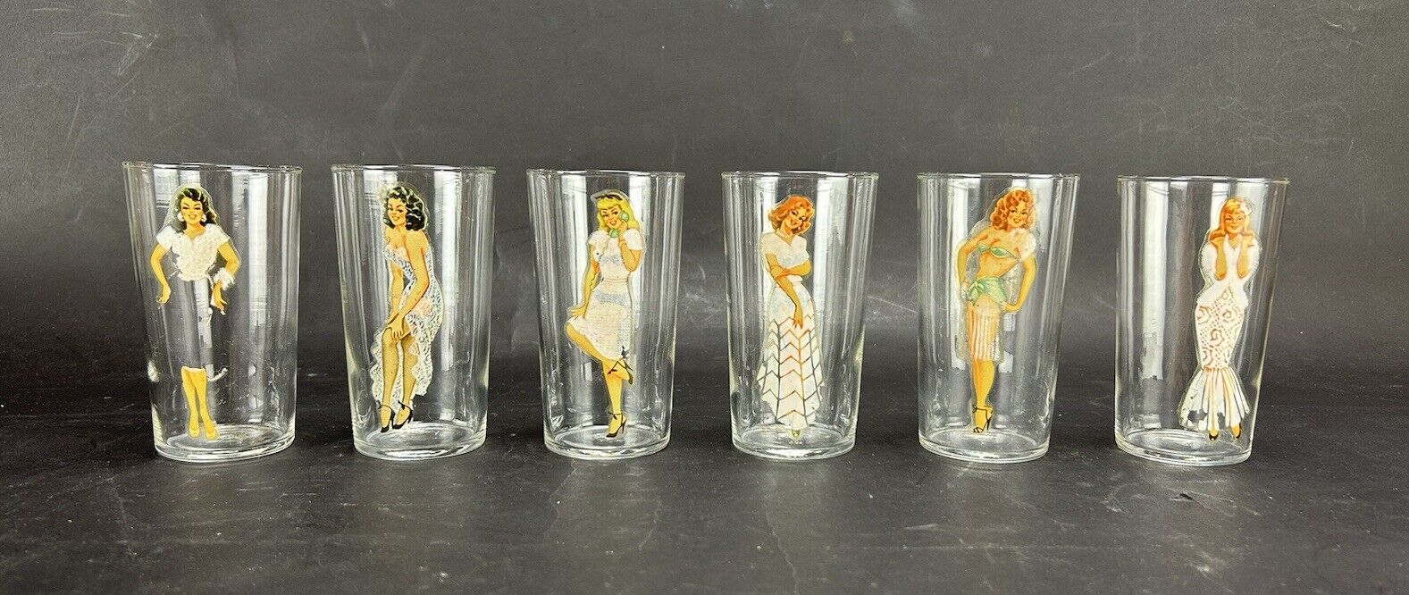 Vintage Magic Follies Girl Glasses Peek-A-Boo Glasses Federal Glass Set of 6