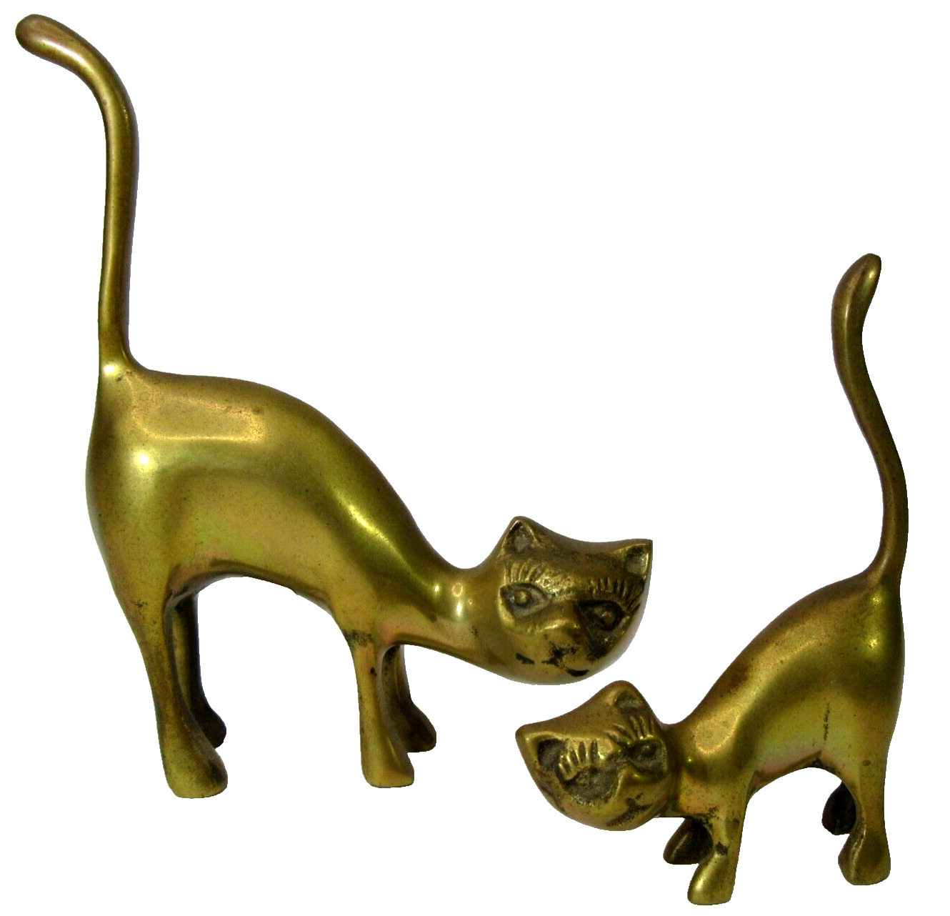 2 vintage solid brass cat RING HOLDER figurines Korea Mid-Century Modern kitsch