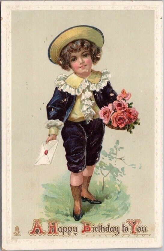 Vintage 1910s TUCK'S Happy Birthday Embossed Postcard Boy w/ Roses / Series 250