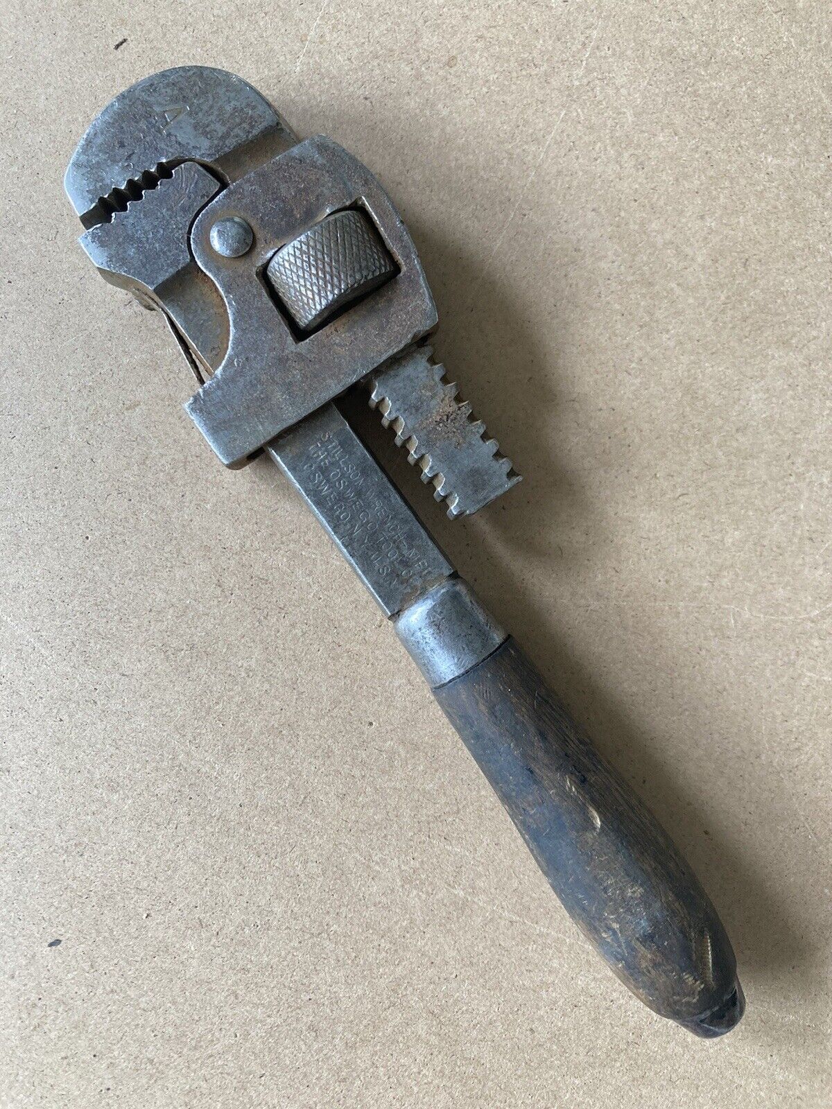 Stillson Wrench 8” The Oswego Tool Co NY Adjustable Wooden Handle Pipe Monkey