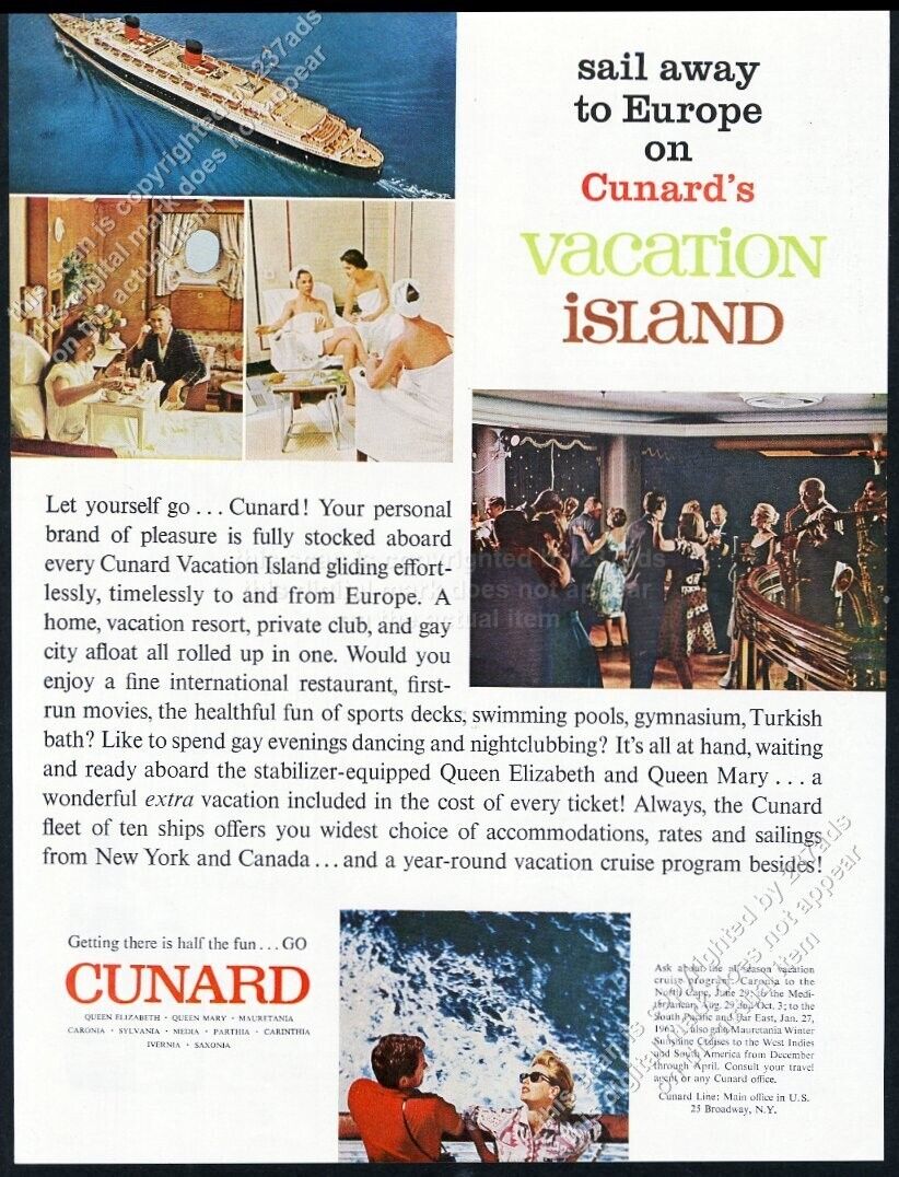 1961 RMS Queen Elizabeth cruise ship 5 photo Cunard travel vintage print ad