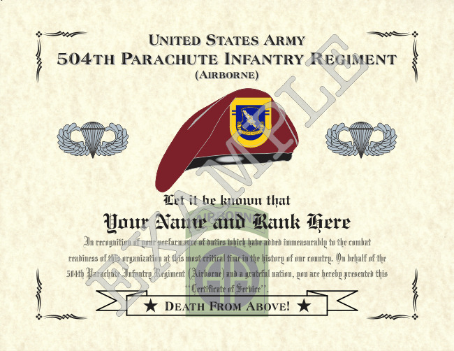504th Parachute Infantry Regiment (A) Personalized Art Print 8.5 x 11 (BADGE)