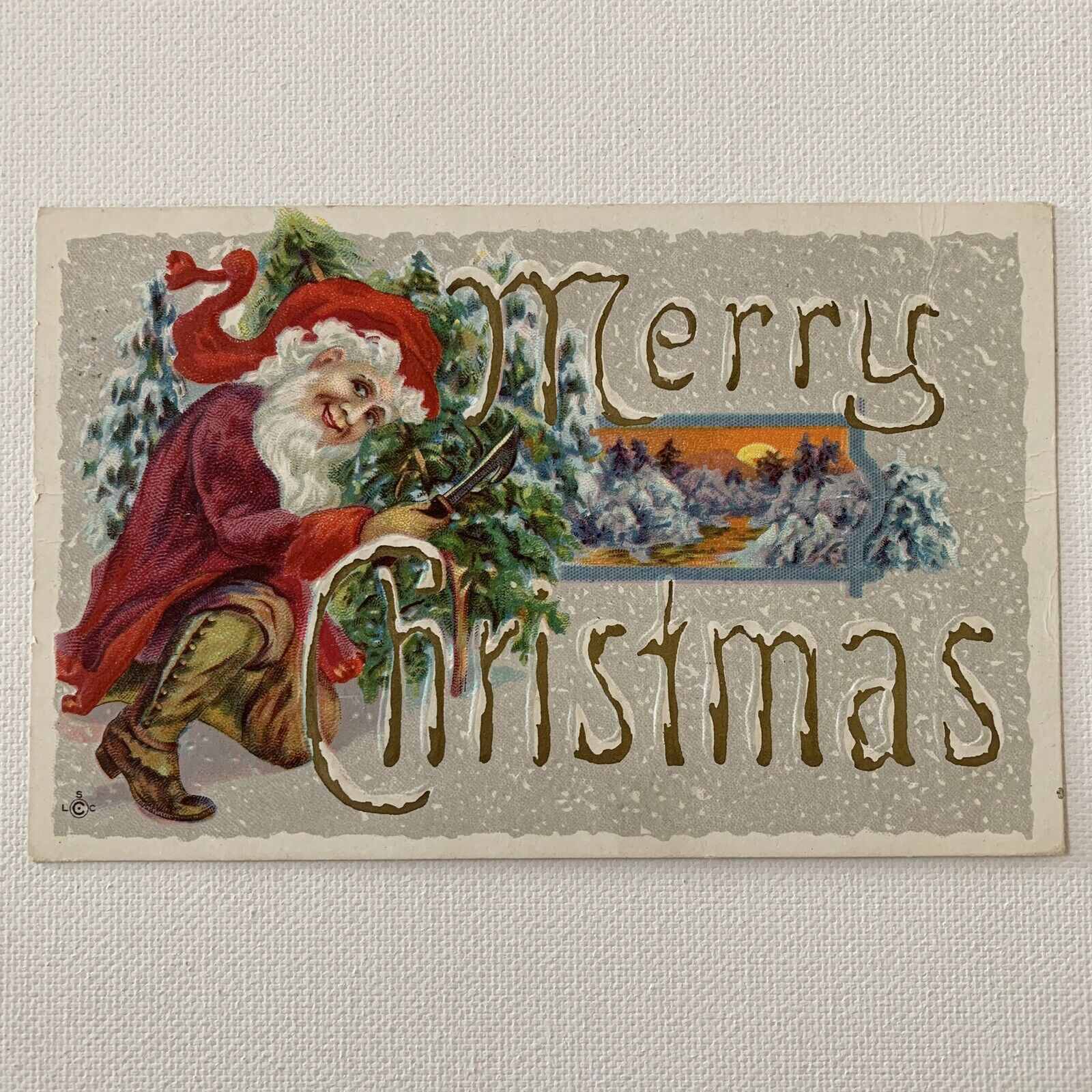 Antique Postcard Foil Embossed Christmas Beautiful Odd Lions Mane Santa 250 C