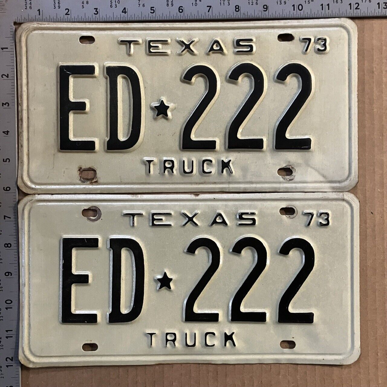1973 Texas truck license plate pair ED-222 YOM DMV triple 2 GREAT ORIGINAL 13103