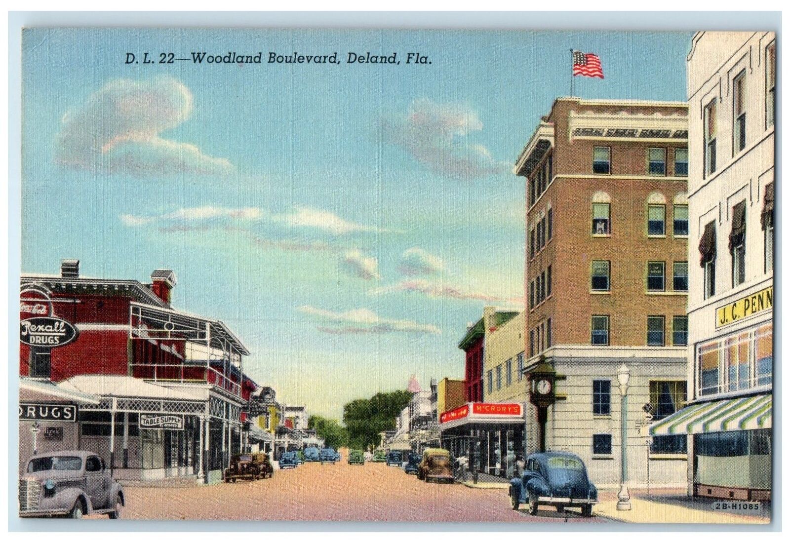 c1940's Woodland Boulevard Street Classic Car Drug Store Deland Florida Postcard