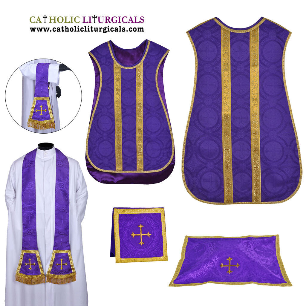 New Purple Spanish Fiddleback Vestment & mass set of 5 piece, chasuble casulla
