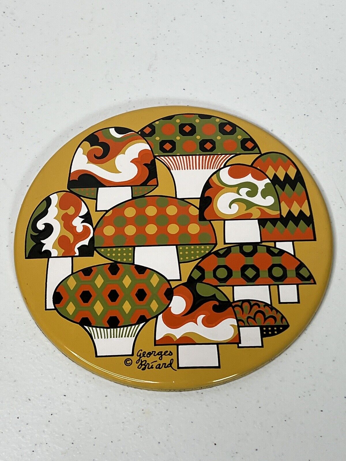 Mid Century Georges Briard Round Mushroom Enameled Metal Tile / Trivet