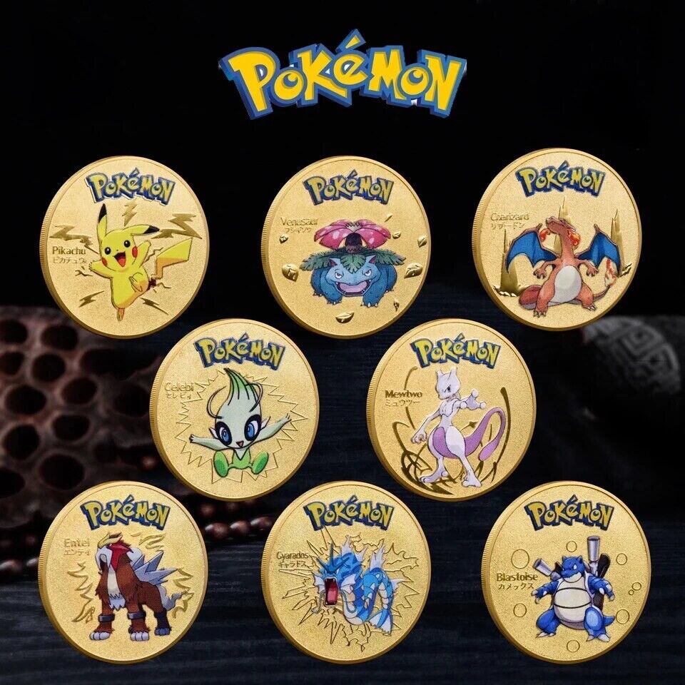 Gold Colour Heavy Metal 8x Pokemon Coins In Plastic Cover/Best Gift Pokemon Fans