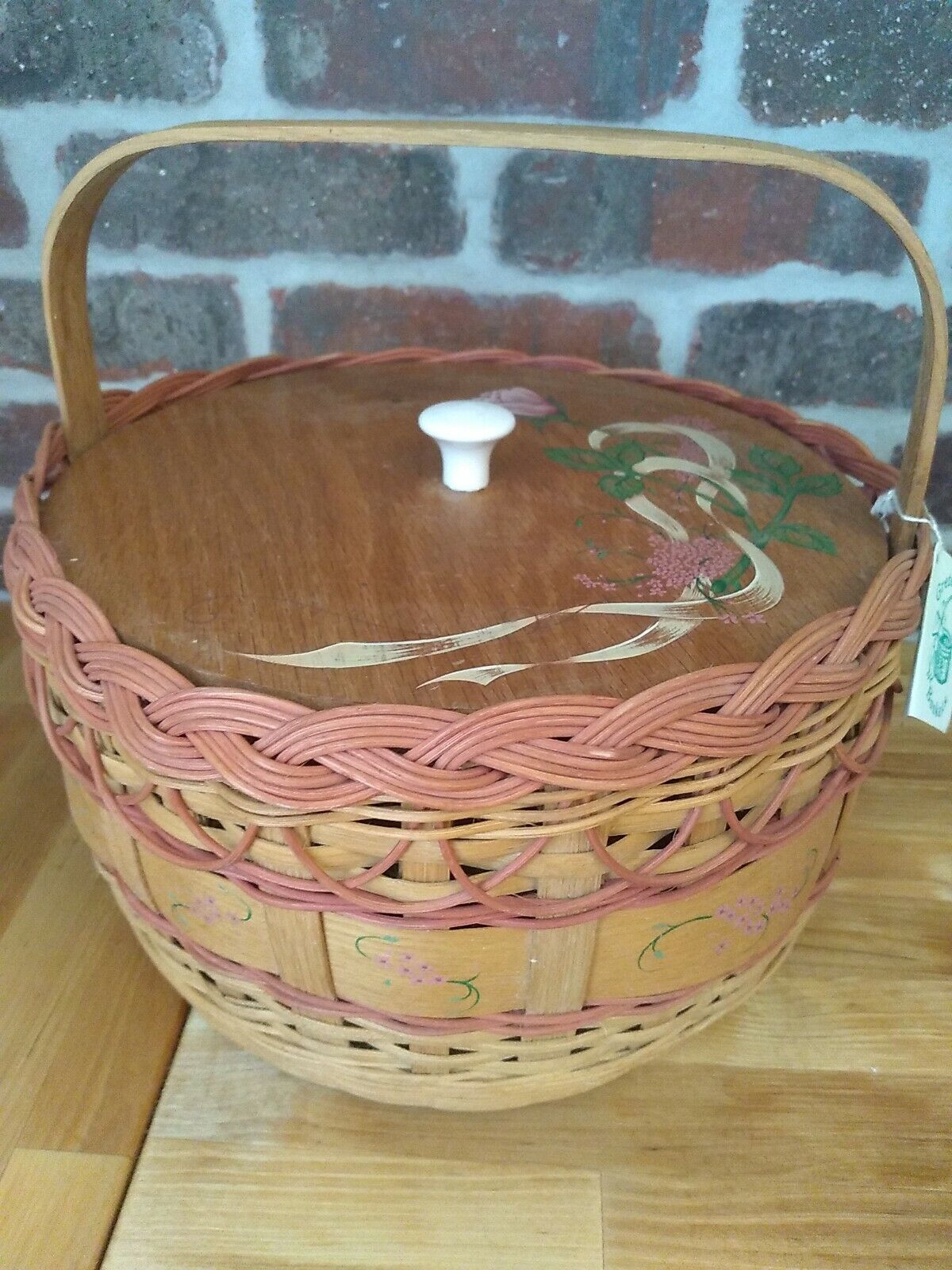 Vintage Wood /Wicker Sewing Box Basket Hand Painted Folk Art Cottagecore- EUC