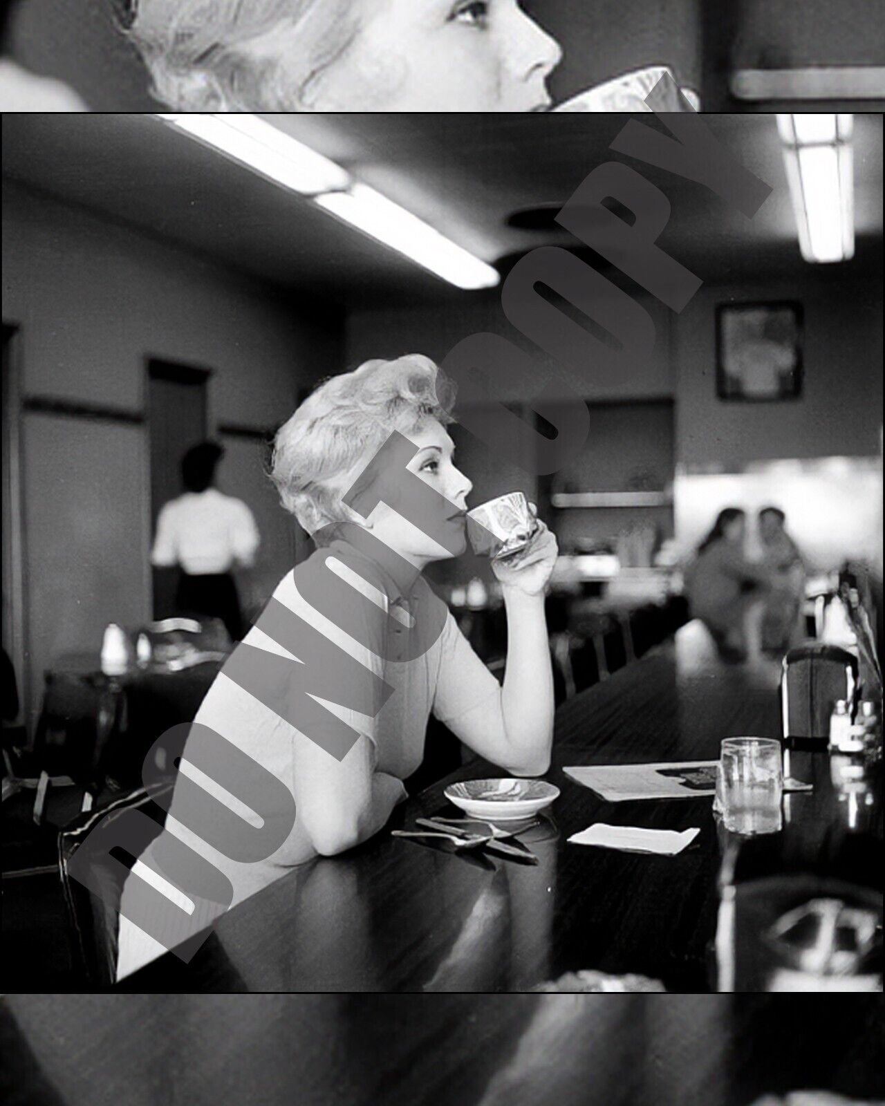 Vintage Diner Cafe Scene Woman Drinking Coffee Just Waiting 8x10 Photo