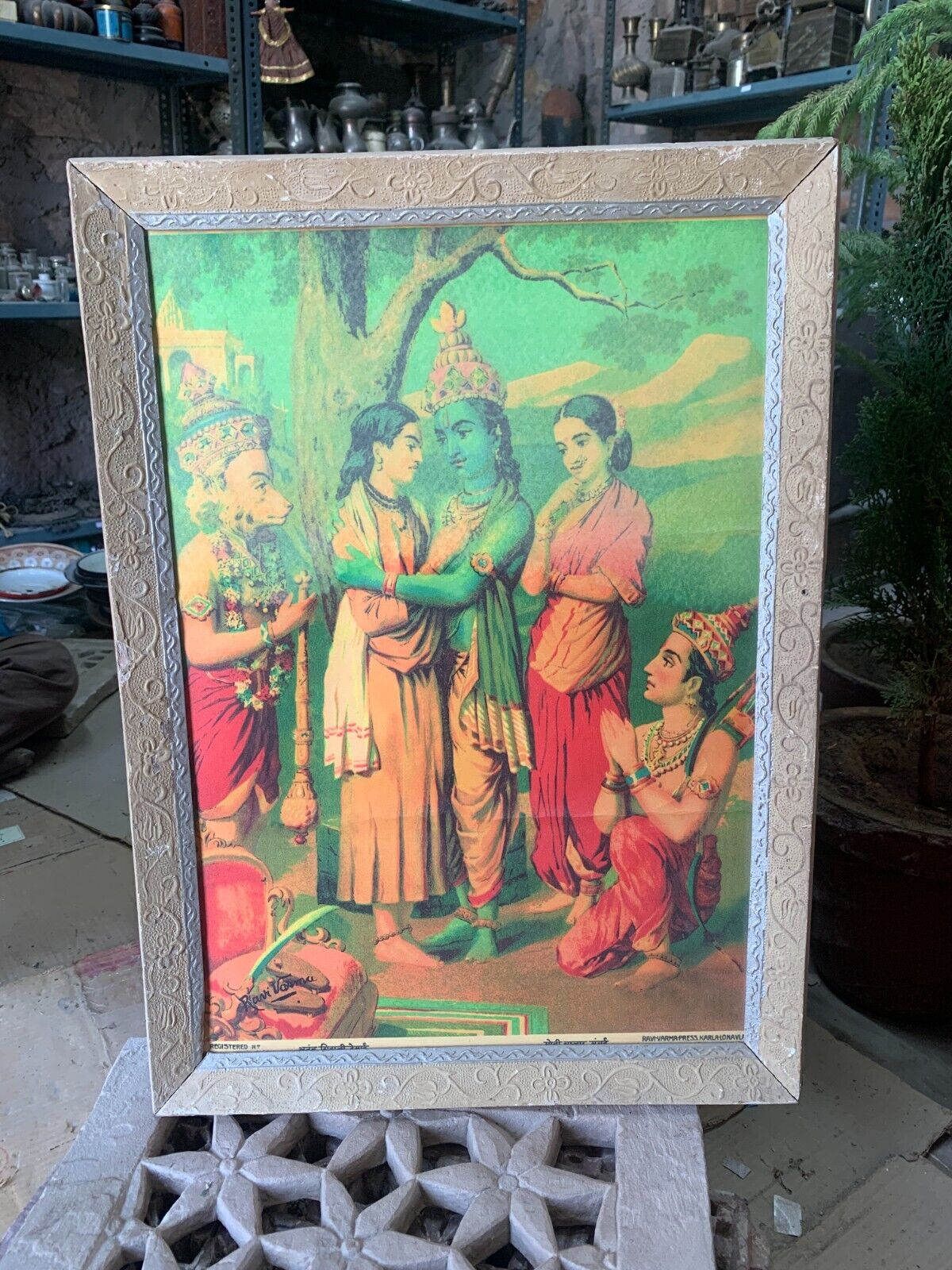 Vintage Raja Ravi Varma Lord Ram & Sita Meeting In Lanka Lithograph Print Framed