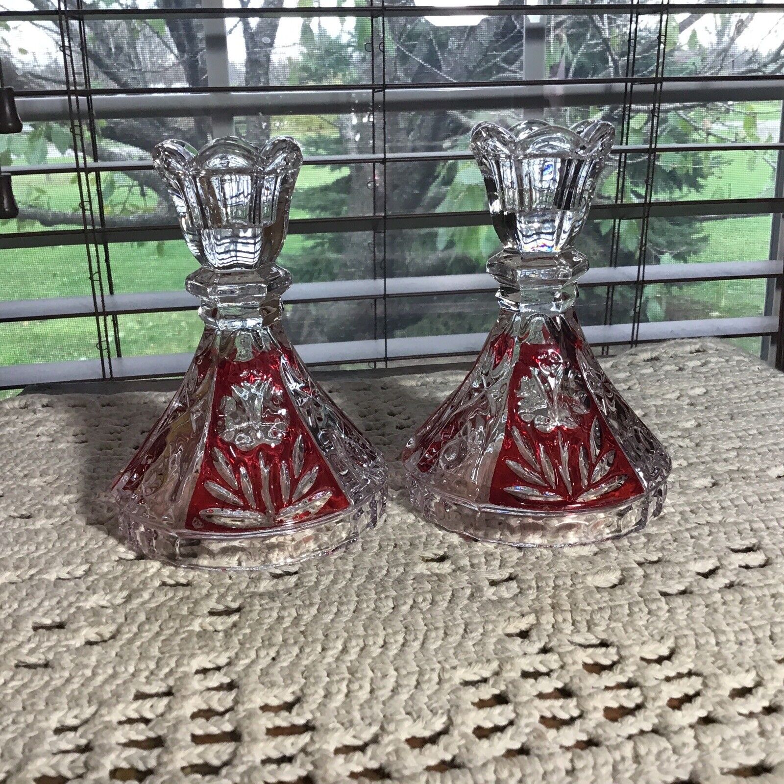 Pair Of Anna Huitte Bliekristall Ruby Red Cut To Clear Crystal  Candle Holders