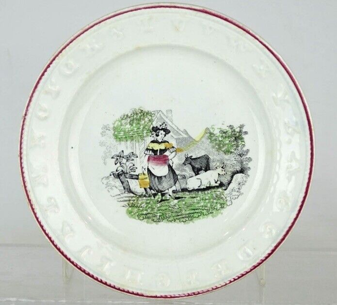 Child’s Antique ABC Plate Milkmaid Cows Staffordshire 1850 7”