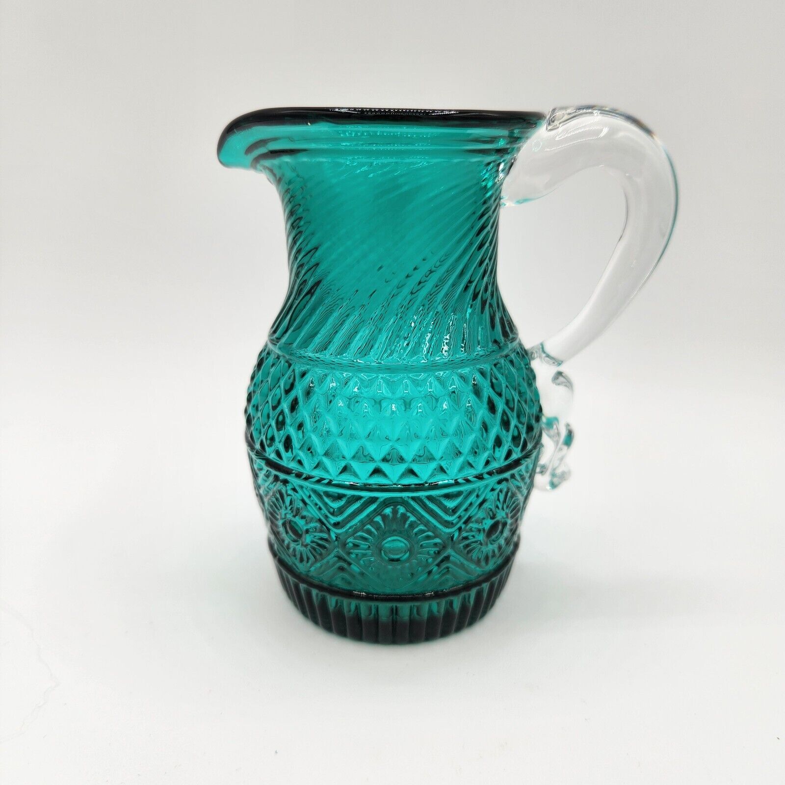 VTG Small Teal Blue PILGRIM Glass Pitcher Vase Sunburst Pattern Applied Handlle