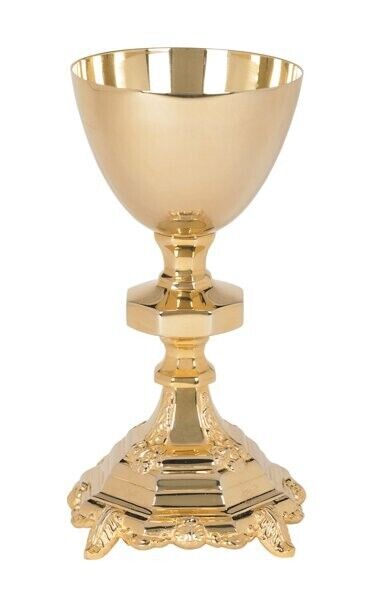 Orthodox  Gold Plated Brass Embossed Hexagon Base Chalice and Paten Set 9.5 In