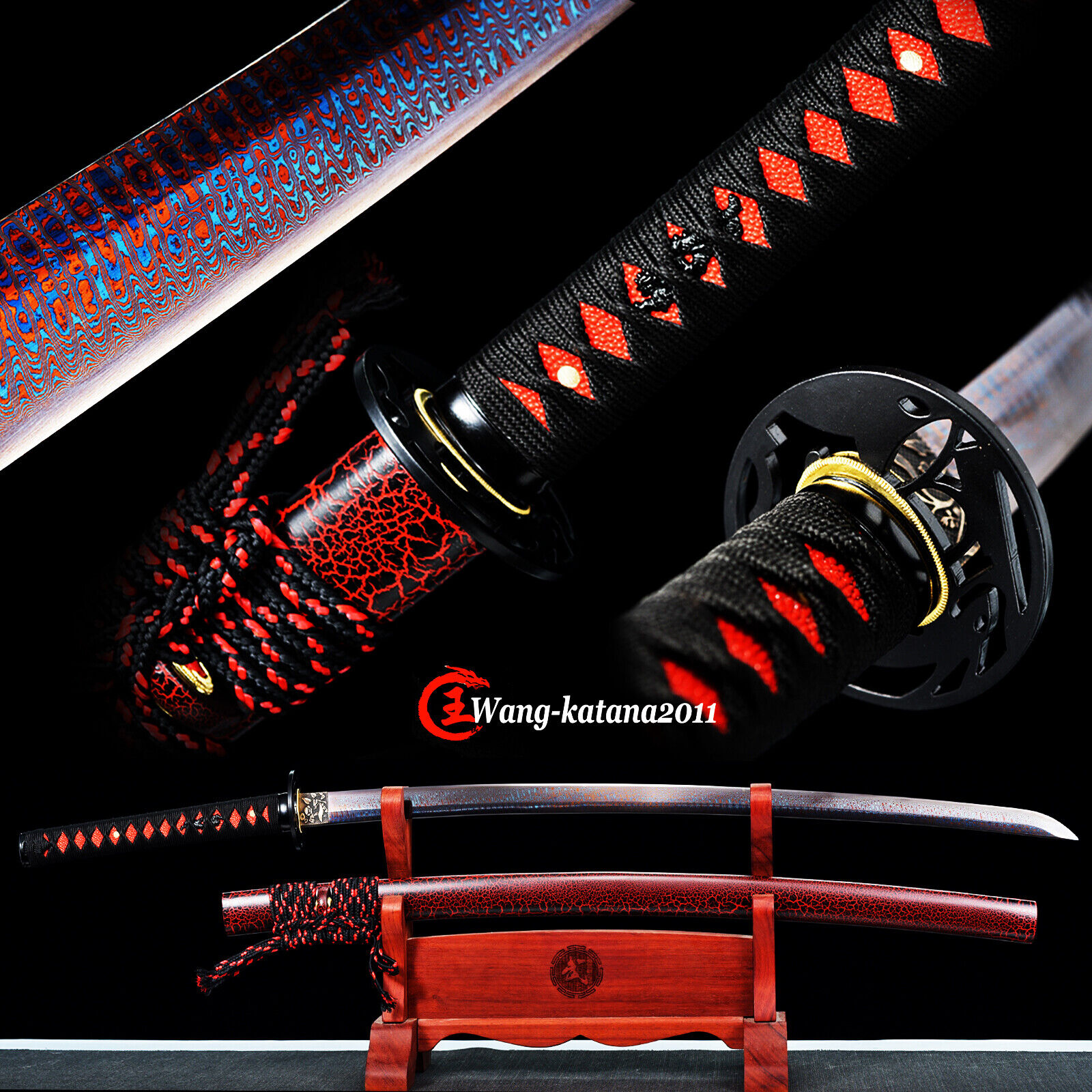 Unique Red&Blue Damascus 1095 Folded Steel Katana Sharp Japanese Samurai Sword