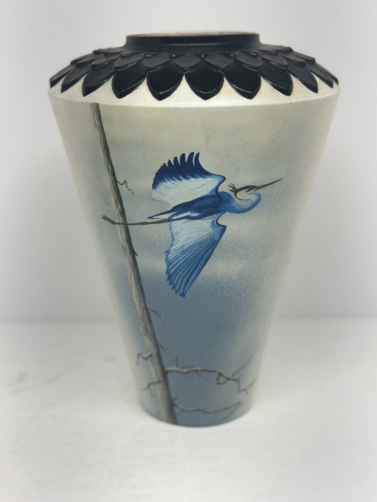Handpainted Vase Heron Egret Crane Unique Beach 11 Inches  Decor