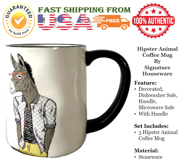 Hipster Animal Coffee Mugs 3pc Set - 17.5 oz Stoneware by Signature Housewares