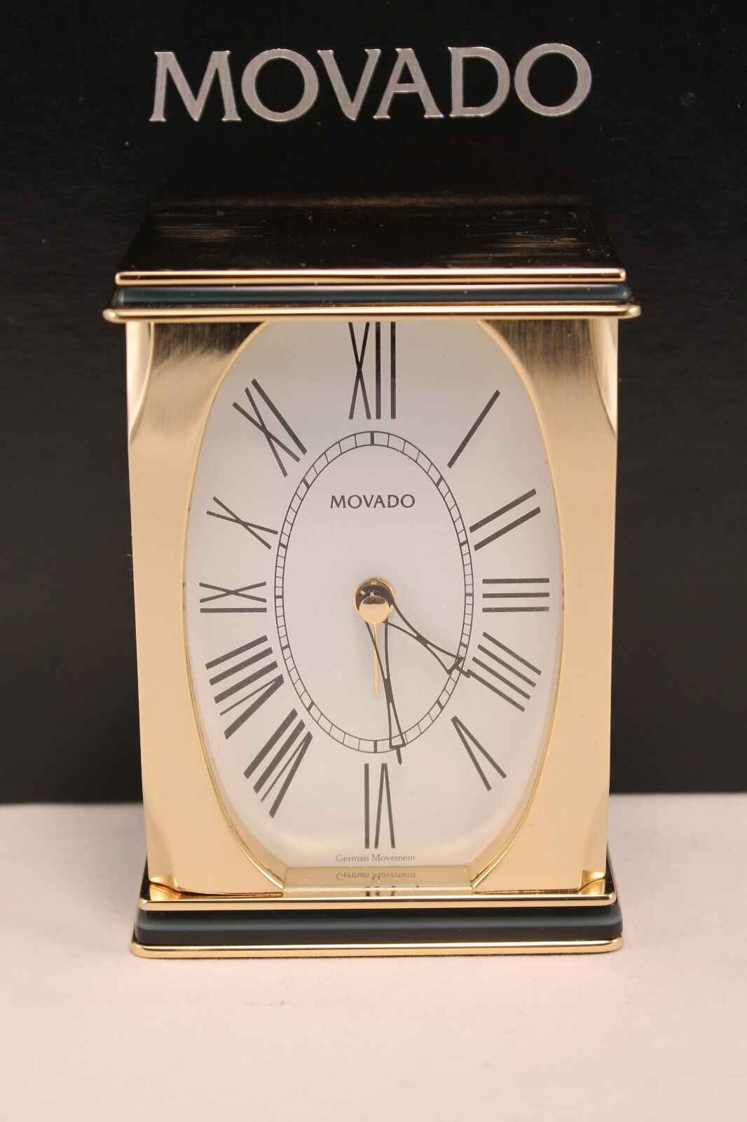 Movado Gold Traditional Square Desk Table Mantel Carriage Clock w/Alarm and box