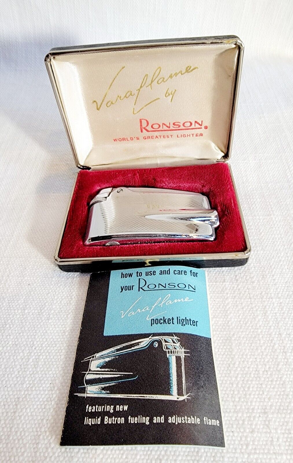 Vintage Ronson Varaflame Adonis Cigarette Lighter Art Deco with Box 1950's 