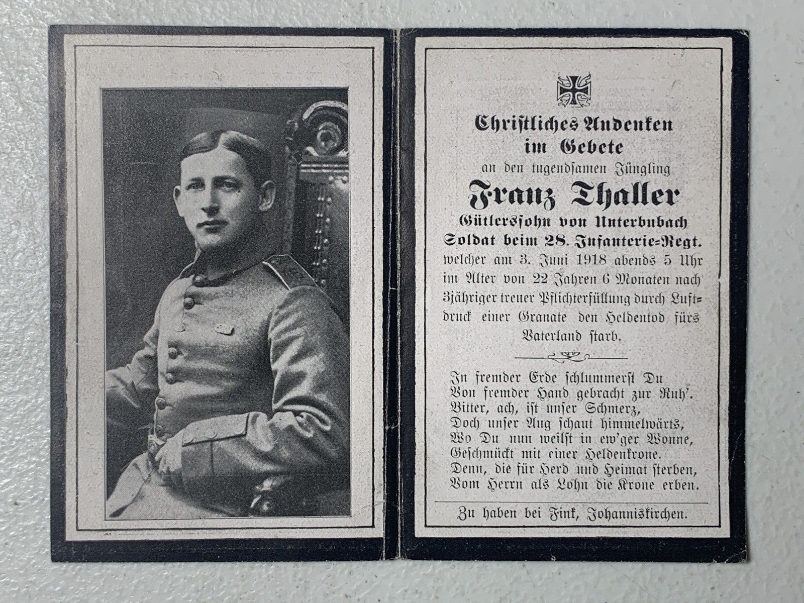 German WW 1 Soldier Death Card- 1918- Original