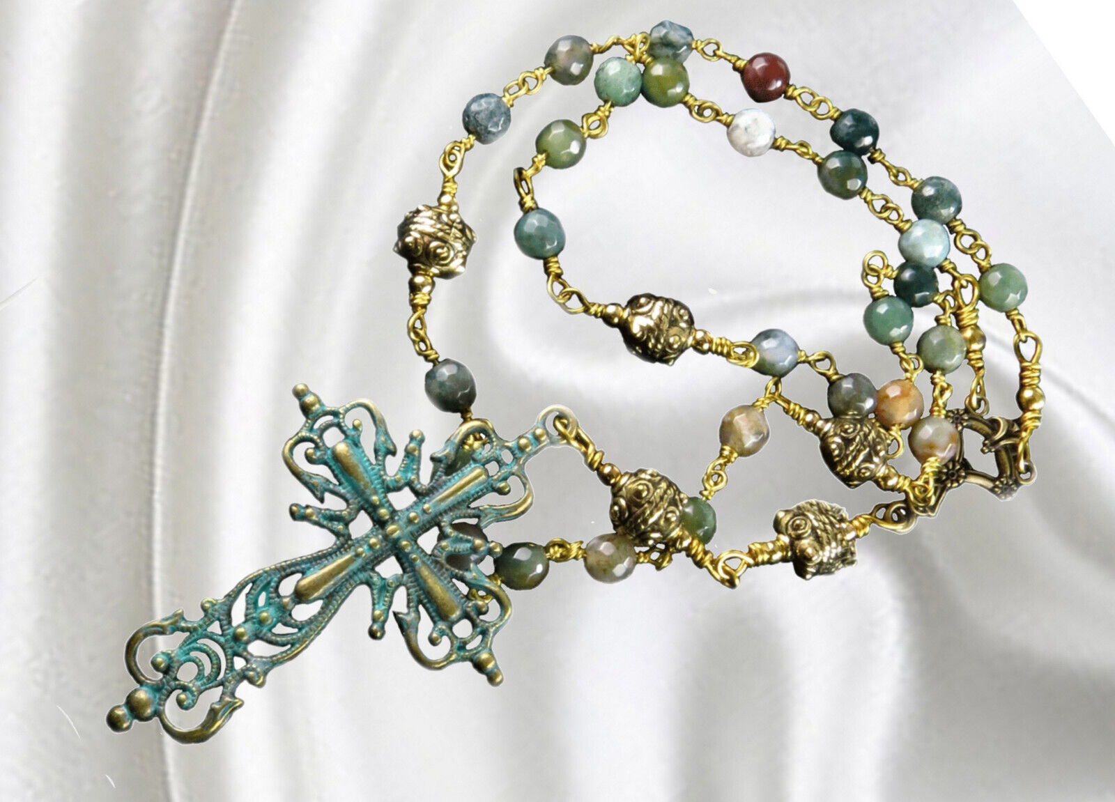 Anglican Unbreakable Rosary, Green Agate Beads, Gold Tone Beads, Verdigris Cross