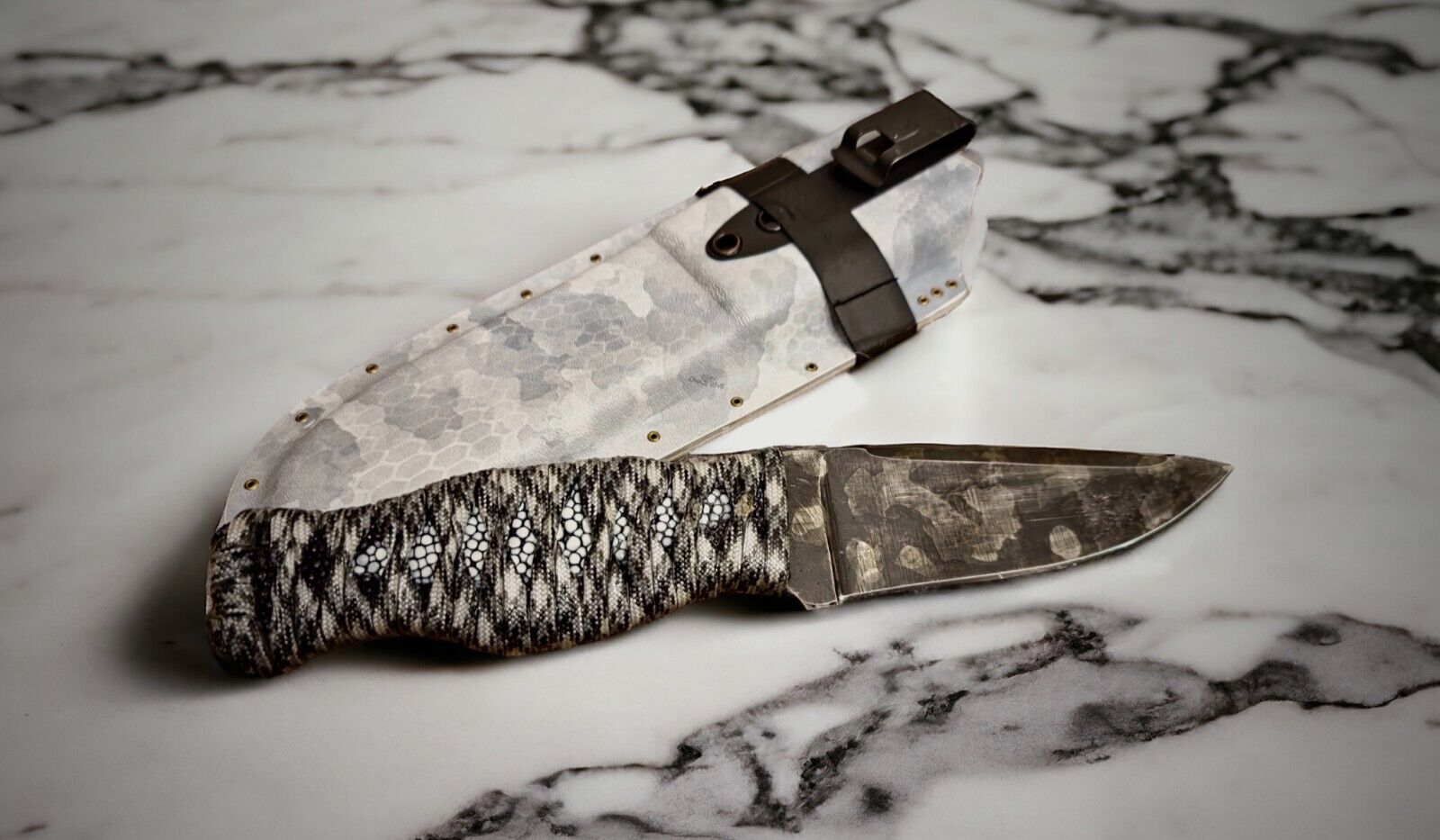 Custom Handmade Edc Fixed Blade Knife Cord Wrap Rayskin Deep Carry Ambidexterous